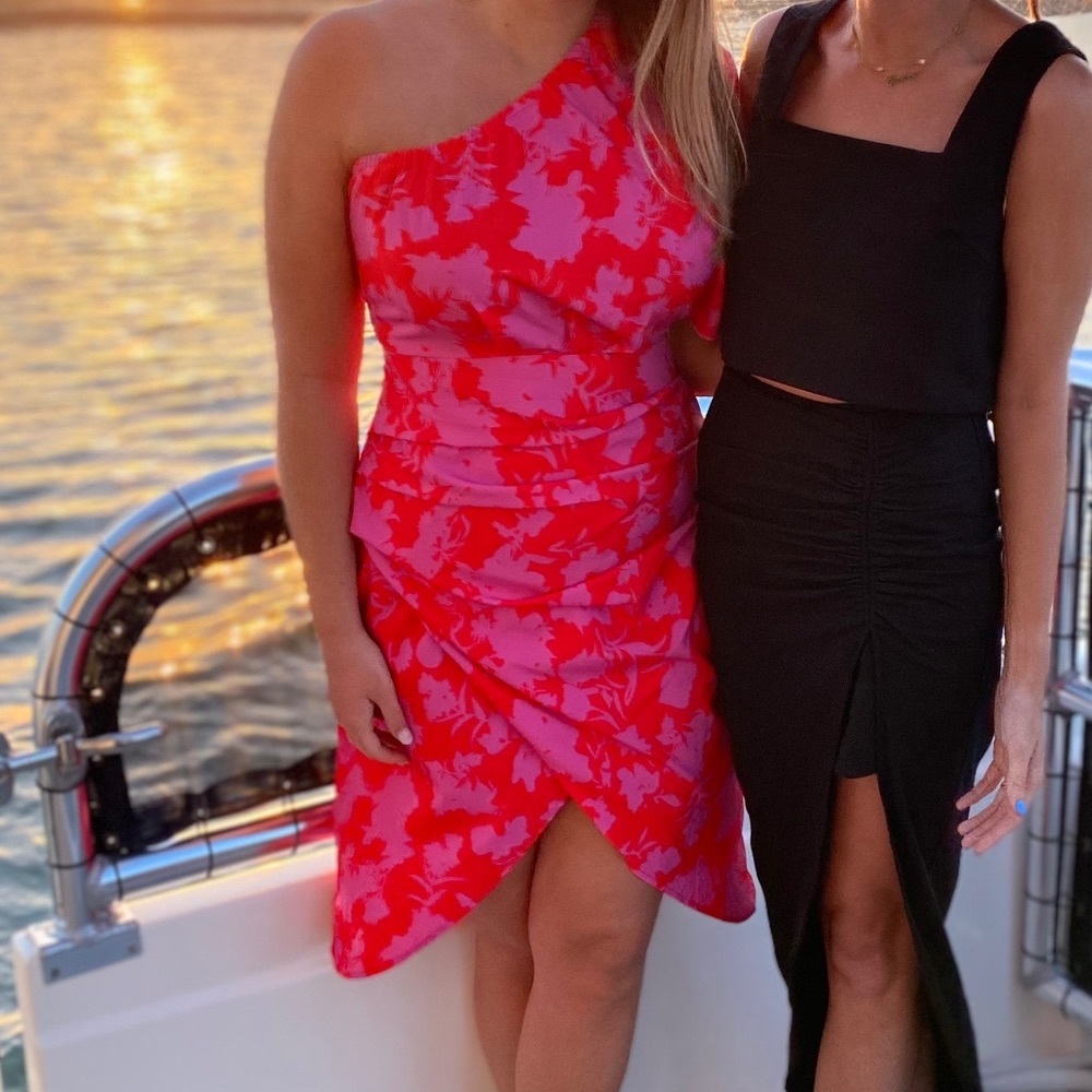 Pink and Red floral one shoulder midi dress